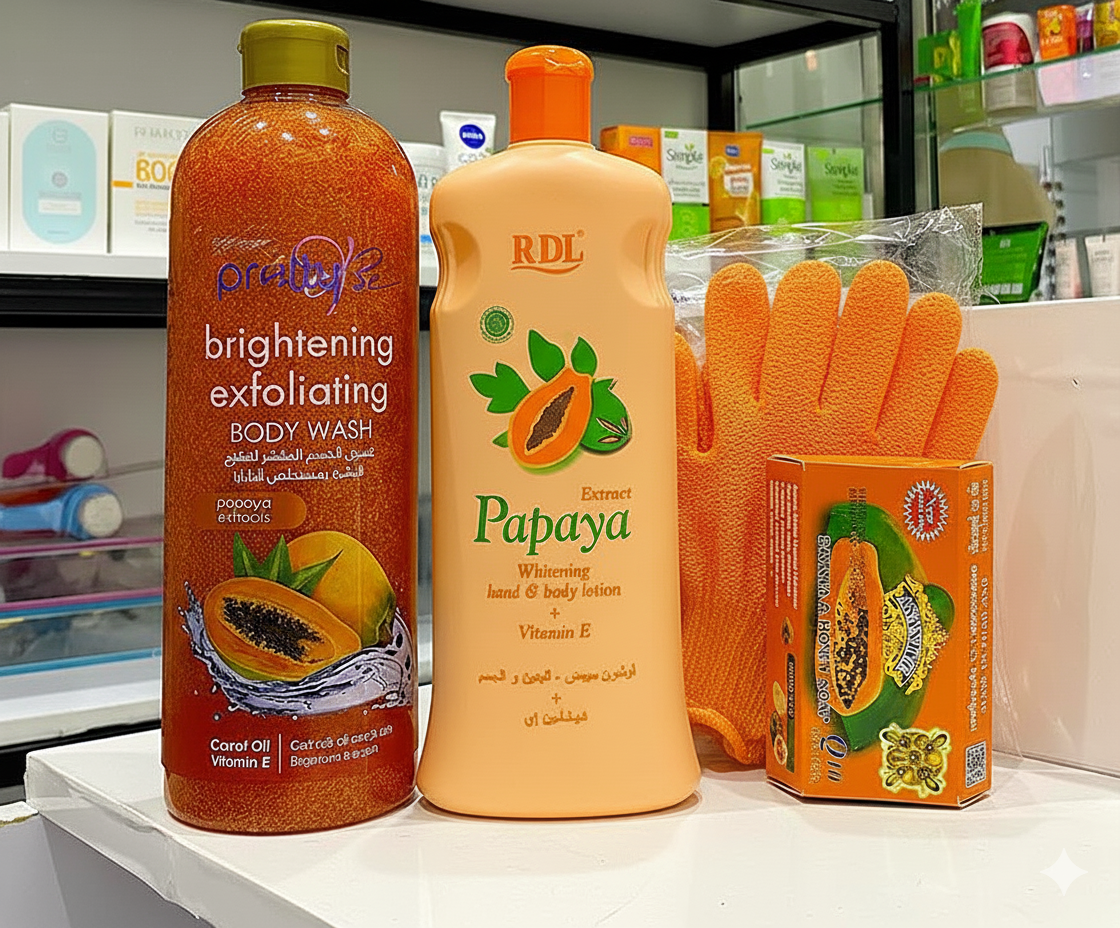 4 in 1 BRIGHTENING SET: Papaya extracts Exfoliating body wash + Papaya Body Lotion + Asante Papaya & Honey Soap + (FREE Pair of exfoliating gloves)