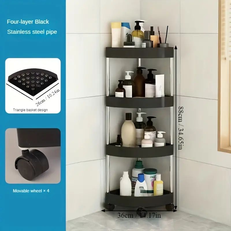 Versatile 4-Tier Bathroom Storage shelves,Cart with Wheels- Multi-Layer, Mobile Organizer for Toilet Corner & More, Durable Plastic
