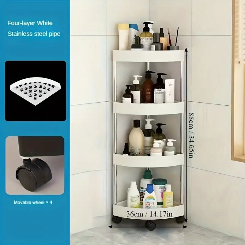 Versatile 4-Tier Bathroom Storage shelves,Cart with Wheels- Multi-Layer, Mobile Organizer for Toilet Corner & More, Durable Plastic