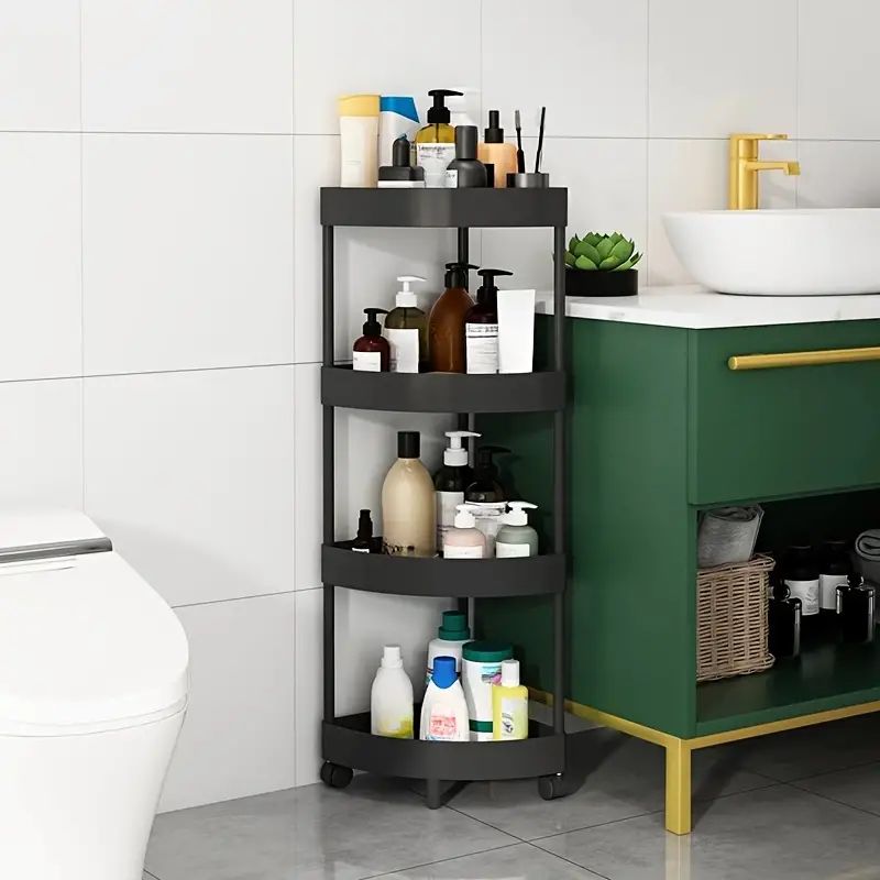 Versatile 4-Tier Bathroom Storage shelves,Cart with Wheels- Multi-Layer, Mobile Organizer for Toilet Corner & More, Durable Plastic