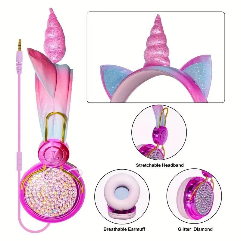 Kids Headphones, Unicorn Headphones Head mounted children's wired earphones For Girls, 3.5mm Jack Over On Ear Girl Headphone With Microphone For School, Birthday, Xmas, Unicorn Gift