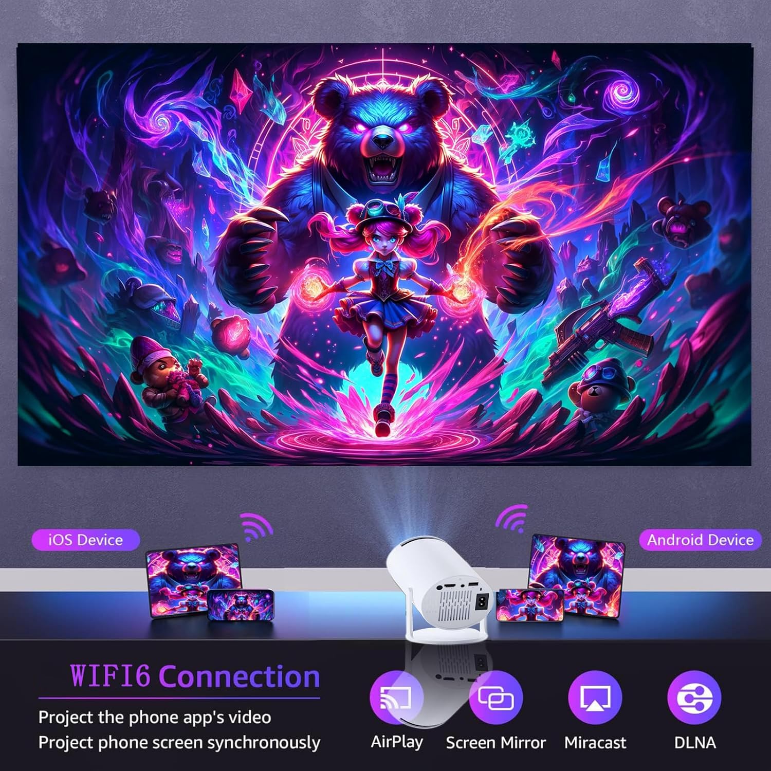 HY300 Projector with WIFI6 and Bluetooth, 4K 1080P Support with Android TV 11.0, Mini Portable Projector 180° Rotatable Movie Projector ,Auto Keystone Compatible for Laptop, PC, Smartphone