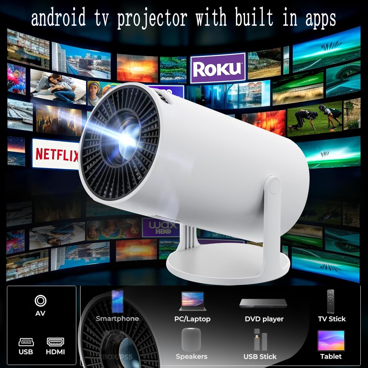 HY300 Projector with WIFI6 and Bluetooth, 4K 1080P Support with Android TV 11.0, Mini Portable Projector 180° Rotatable Movie Projector ,Auto Keystone Compatible for Laptop, PC, Smartphone