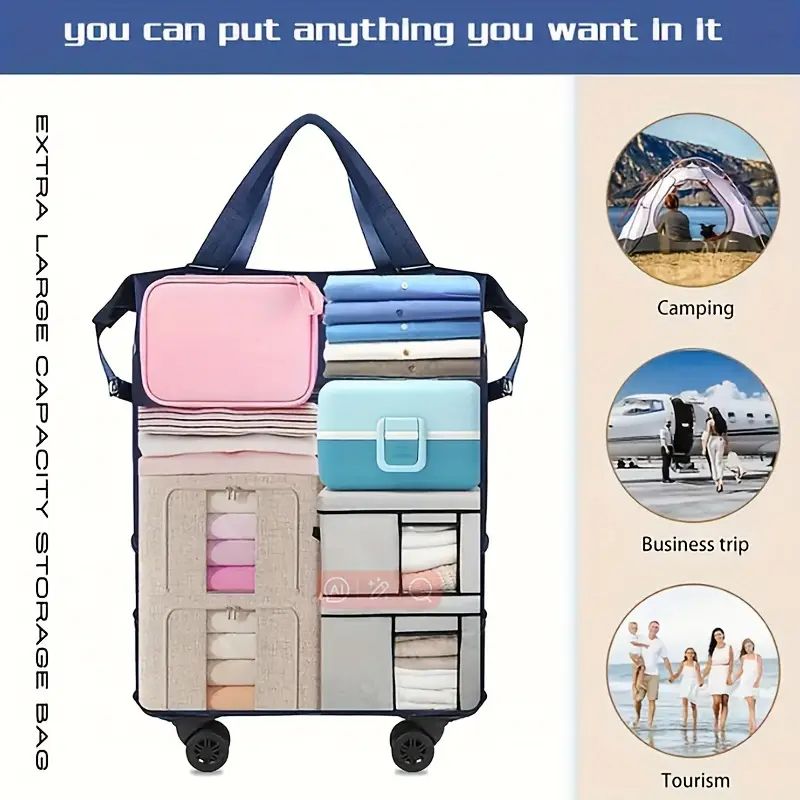 Expandable Duffle Bag, Folding Travel Bag with Wheels, Weekender Travel Bag for Carry-On, Tote Bag with Storage Space，Large Luggage Bag for Business Trips, Camping, Fitness