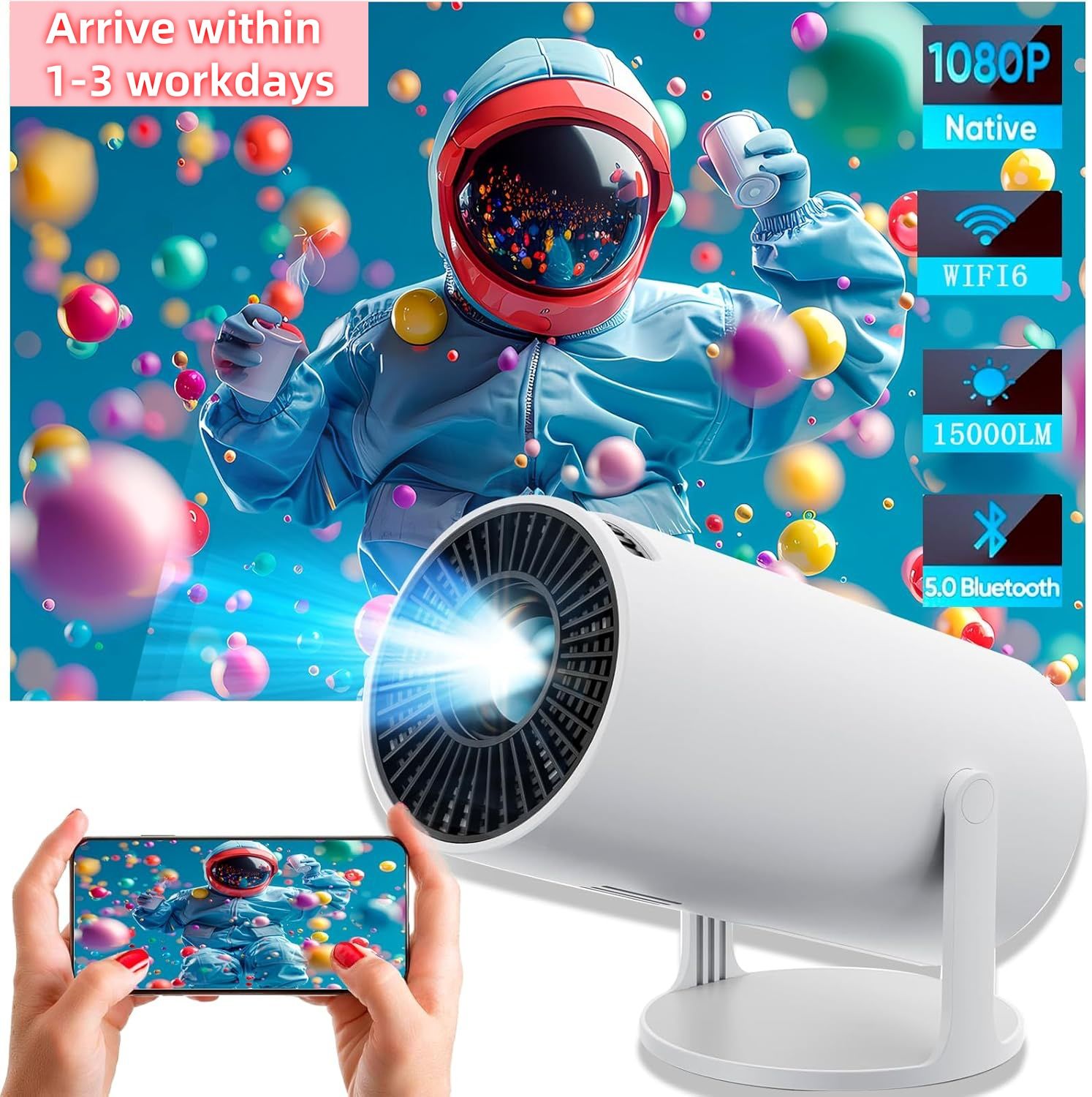 HY300 Projector with WIFI6 and Bluetooth, 4K 1080P Support with Android TV 11.0, Mini Portable Projector 180° Rotatable Movie Projector ,Auto Keystone Compatible for Laptop, PC, Smartphone