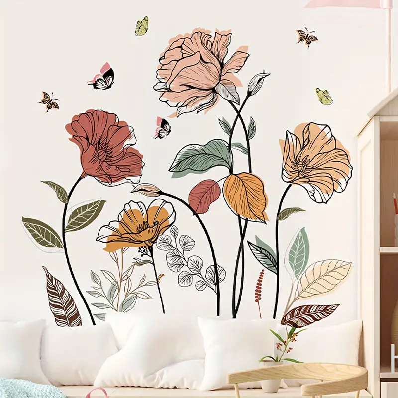 Bohemian Floral Wild Flower Butterfly Wall Stickers, Suitable for Living Room, Bedroom, Bathroom, Washroom, Bathtub, TV Wall, Window Stickers, Free Combination Stickers, French Bedroom Decoration, Aut