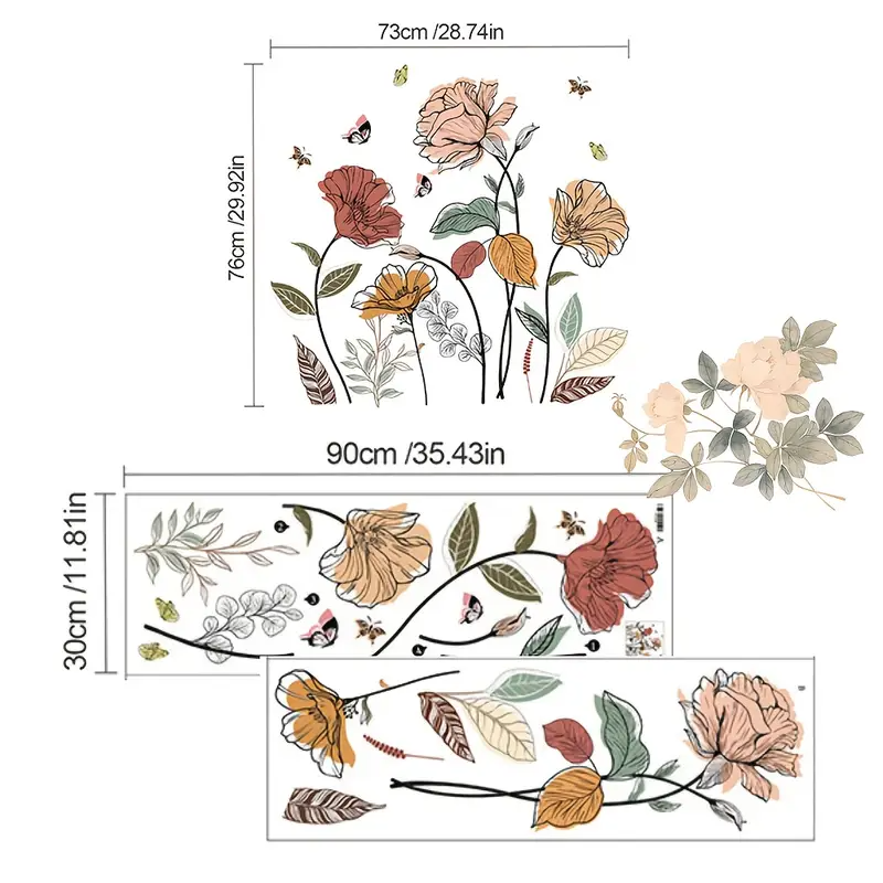 Bohemian Floral Wild Flower Butterfly Wall Stickers, Suitable for Living Room, Bedroom, Bathroom, Washroom, Bathtub, TV Wall, Window Stickers, Free Combination Stickers, French Bedroom Decoration, Aut