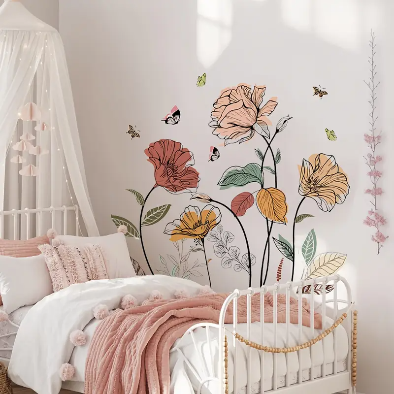 Bohemian Floral Wild Flower Butterfly Wall Stickers, Suitable for Living Room, Bedroom, Bathroom, Washroom, Bathtub, TV Wall, Window Stickers, Free Combination Stickers, French Bedroom Decoration, Aut