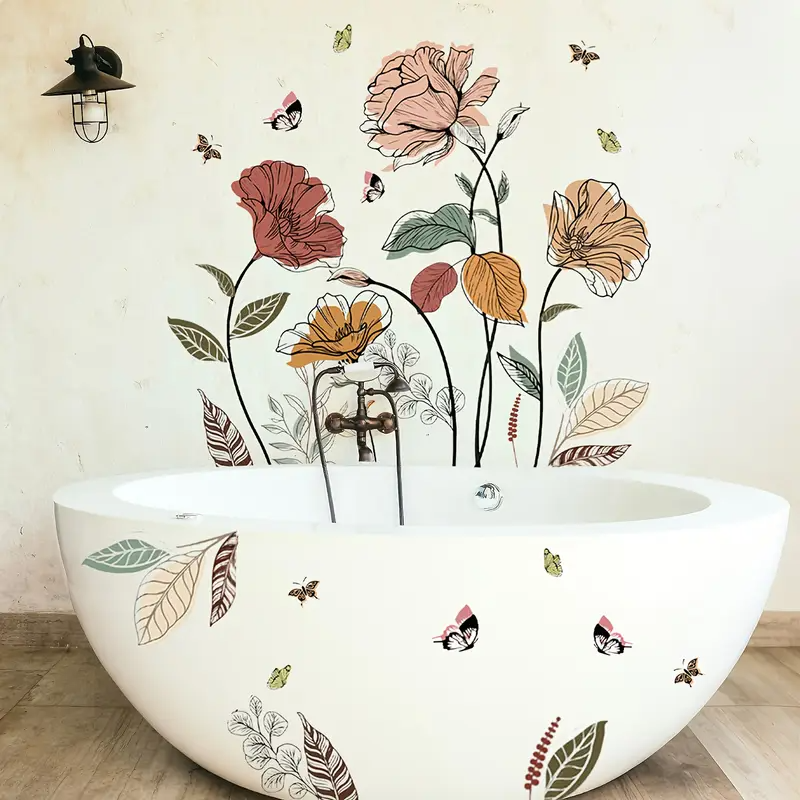 Bohemian Floral Wild Flower Butterfly Wall Stickers, Suitable for Living Room, Bedroom, Bathroom, Washroom, Bathtub, TV Wall, Window Stickers, Free Combination Stickers, French Bedroom Decoration, Aut