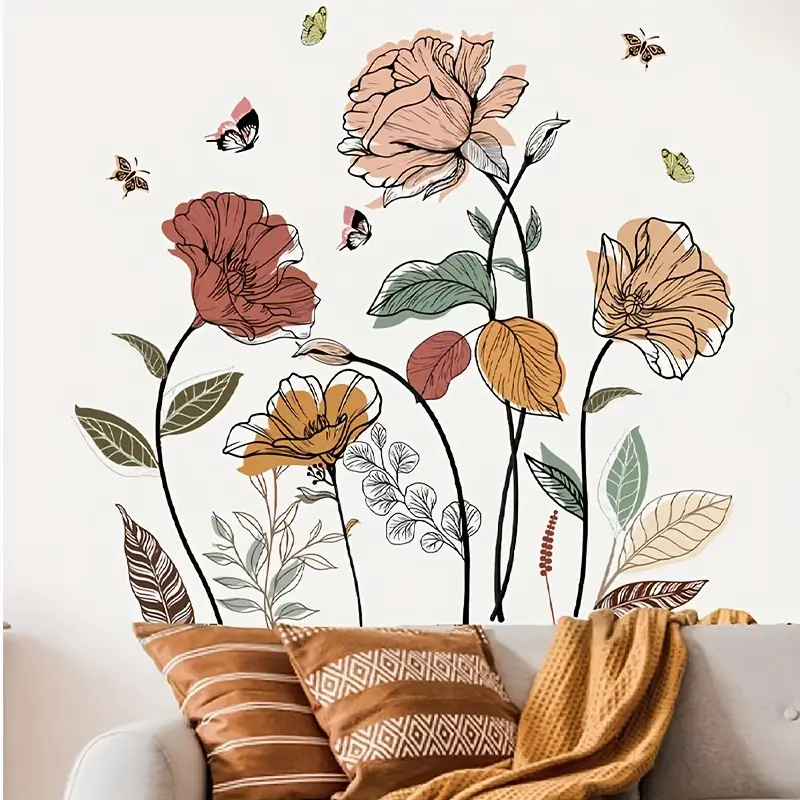 Bohemian Floral Wild Flower Butterfly Wall Stickers, Suitable for Living Room, Bedroom, Bathroom, Washroom, Bathtub, TV Wall, Window Stickers, Free Combination Stickers, French Bedroom Decoration, Aut
