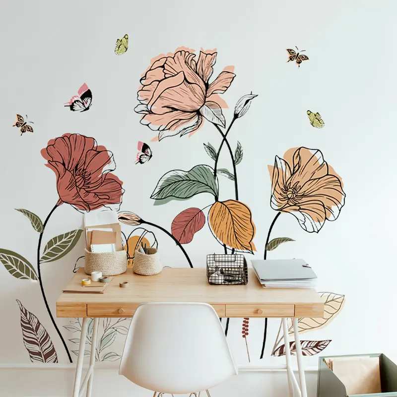 Bohemian Floral Wild Flower Butterfly Wall Stickers, Suitable for Living Room, Bedroom, Bathroom, Washroom, Bathtub, TV Wall, Window Stickers, Free Combination Stickers, French Bedroom Decoration, Aut