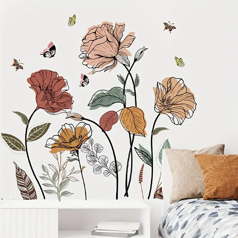 Bohemian Floral Wild Flower Butterfly Wall Stickers, Suitable for Living Room, Bedroom, Bathroom, Washroom, Bathtub, TV Wall, Window Stickers, Free Combination Stickers, French Bedroom Decoration, Aut