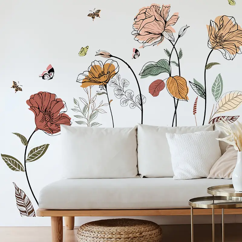 Bohemian Floral Wild Flower Butterfly Wall Stickers, Suitable for Living Room, Bedroom, Bathroom, Washroom, Bathtub, TV Wall, Window Stickers, Free Combination Stickers, French Bedroom Decoration, Aut
