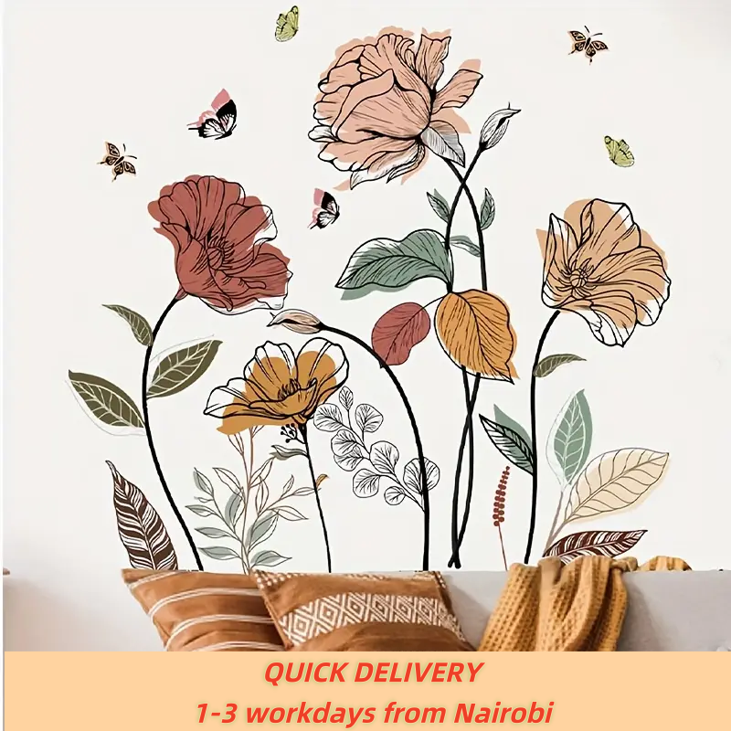Bohemian Floral Wild Flower Butterfly Wall Stickers, Suitable for Living Room, Bedroom, Bathroom, Washroom, Bathtub, TV Wall, Window Stickers, Free Combination Stickers, French Bedroom Decoration, Aut