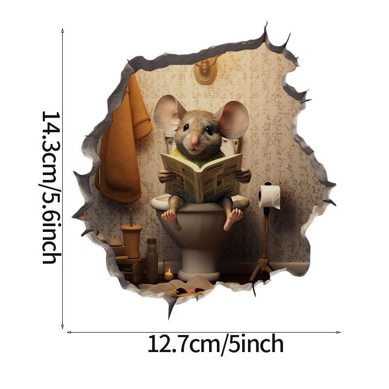 2pcs Waterproof Mouse Decal 3D Wall Sticker- Sitting on Toilet and Toothbrush Mouse - 1pc 3D Mouse Hole Wall Decal, Cute Animal Print, Waterproof Self-Adhesive Sticker, Easy Peel & Stick for Living Ro