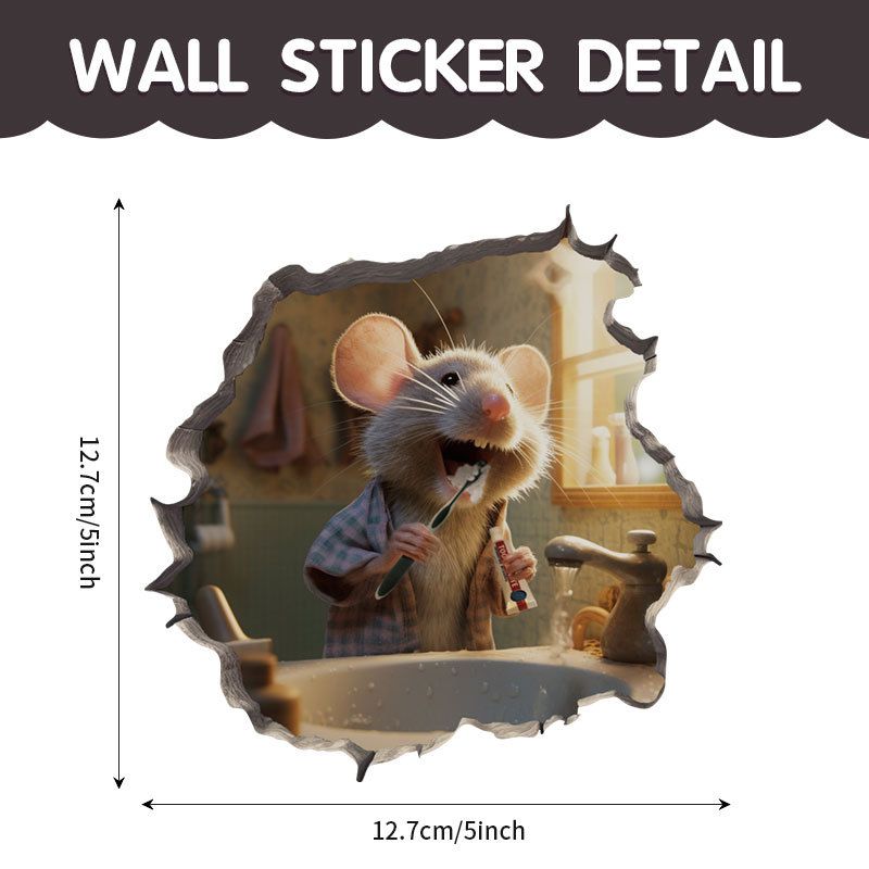 2pcs Waterproof Mouse Decal 3D Wall Sticker- Sitting on Toilet and Toothbrush Mouse - 1pc 3D Mouse Hole Wall Decal, Cute Animal Print, Waterproof Self-Adhesive Sticker, Easy Peel & Stick for Living Ro