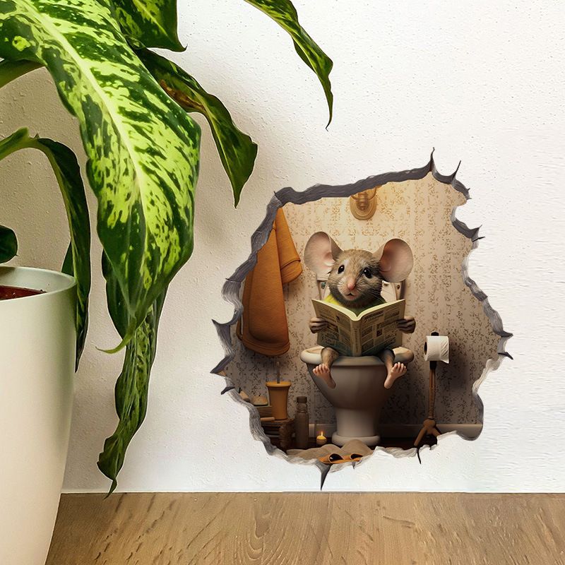 2pcs Waterproof Mouse Decal 3D Wall Sticker- Sitting on Toilet and Toothbrush Mouse - 1pc 3D Mouse Hole Wall Decal, Cute Animal Print, Waterproof Self-Adhesive Sticker, Easy Peel & Stick for Living Ro