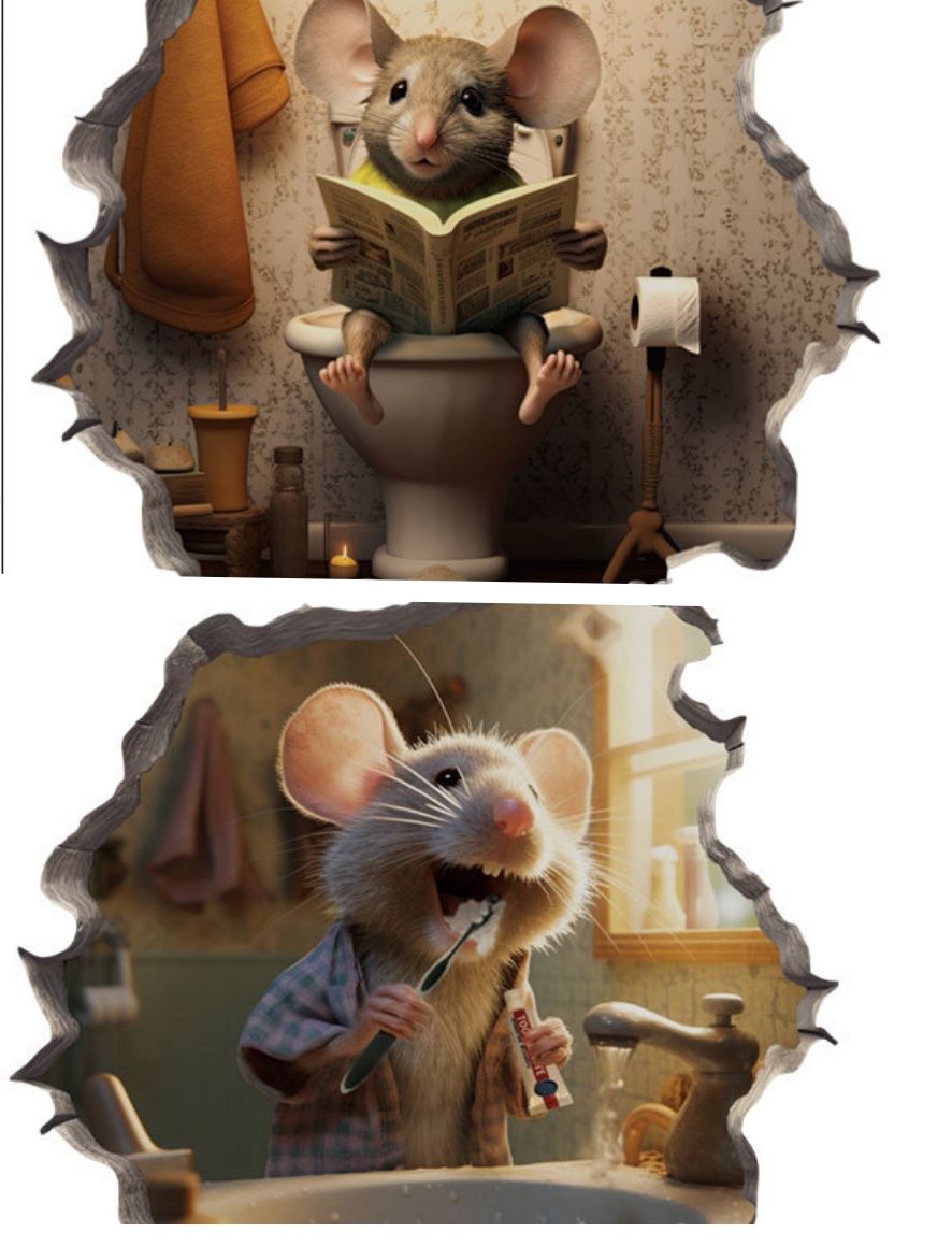 2pcs Waterproof Mouse Decal 3D Wall Sticker- Sitting on Toilet and Toothbrush Mouse - 1pc 3D Mouse Hole Wall Decal, Cute Animal Print, Waterproof Self-Adhesive Sticker, Easy Peel & Stick for Living Ro