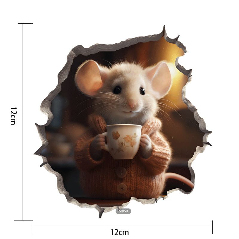2pcs Waterproof Mouse Decal 3D Wall Sticker-Coffee Lover and towel Mouse - 1pc 3D Mouse Hole Wall Decal, Cute Animal Print, Waterproof Self-Adhesive Sticker, Easy Peel & Stick for Living Room, Bedroom