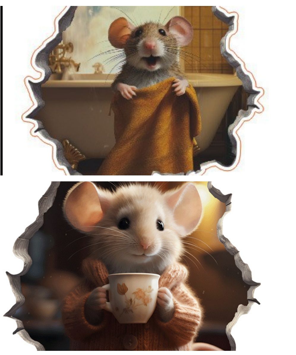 2pcs Waterproof Mouse Decal 3D Wall Sticker-Coffee Lover and towel Mouse - 1pc 3D Mouse Hole Wall Decal, Cute Animal Print, Waterproof Self-Adhesive Sticker, Easy Peel & Stick for Living Room, Bedroom