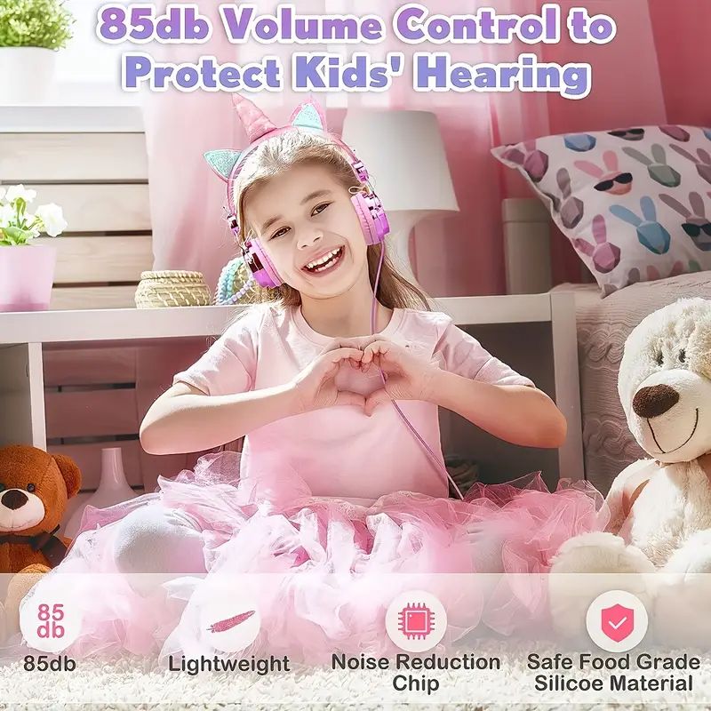 Kids Headphones, Unicorn Headphones Head mounted children's wired earphones For Girls, 3.5mm Jack Over On Ear Girl Headphone With Microphone For School, Birthday, Xmas, Unicorn Gift
