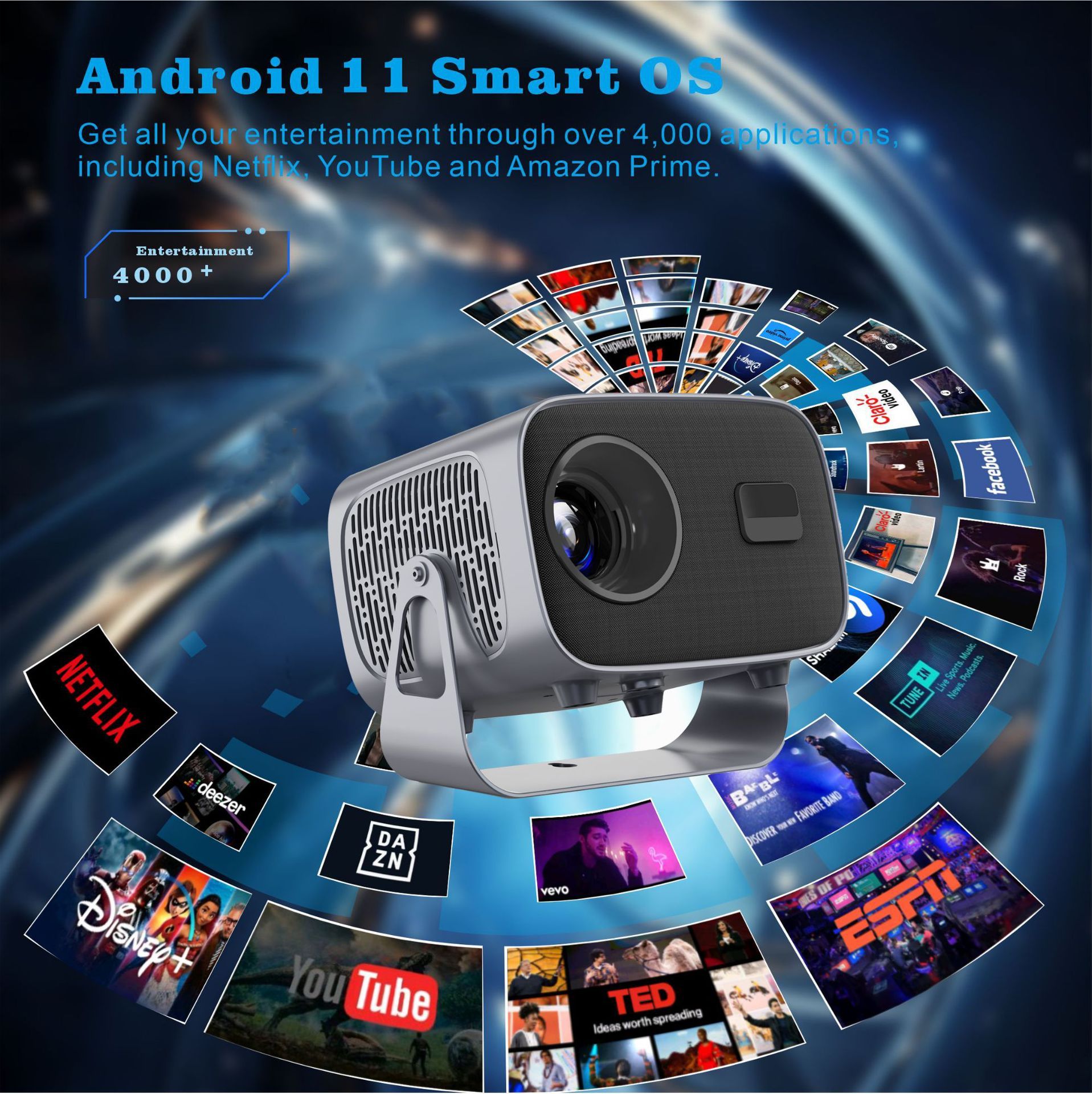 HY300 Projector with WIFI6 and Bluetooth, 4K 1080P Support with Android TV 11.0, Mini Portable Projector 180° Rotatable Movie Projector ,Auto Keystone Compatible for Laptop, PC, Smartphone