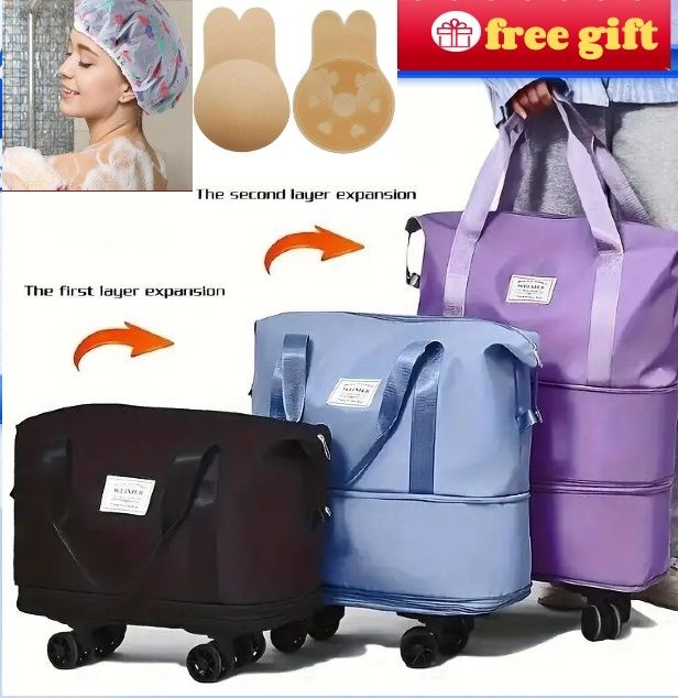 Expandable Duffle Bag, Folding Travel Bag with Wheels, Weekender Travel Bag for Carry-On, Tote Bag with Storage Space，Large Luggage Bag for Business Trips, Camping, Fitness