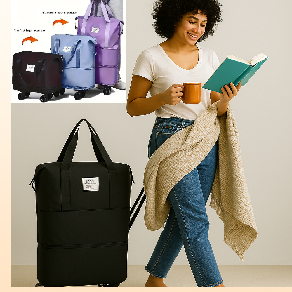 Expandable Duffle Bag, Folding Travel Bag with Wheels, Weekender Travel Bag for Carry-On, Tote Bag with Storage Space，Large Luggage Bag for Business Trips, Camping, Fitness