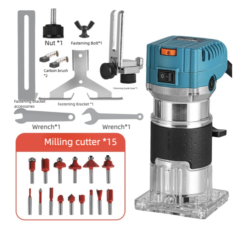A set of woodworking planers with a portable toolbox, 800W compact woodworking planer tools, manual wood trimmer with 15 1/4 "drill bit sets, 6-speed, edge and roller guide rails