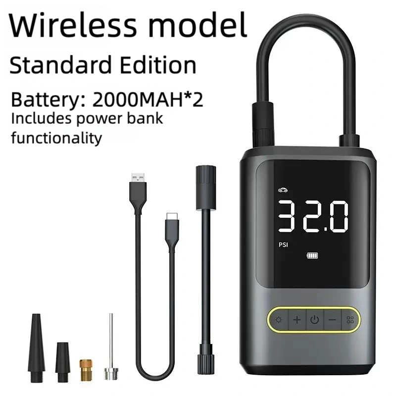 Portable Mini Car Tire Inflator, Electric Air Pump for Bicycles, Handheld Wireless Charging Digital Display Air Compressor
