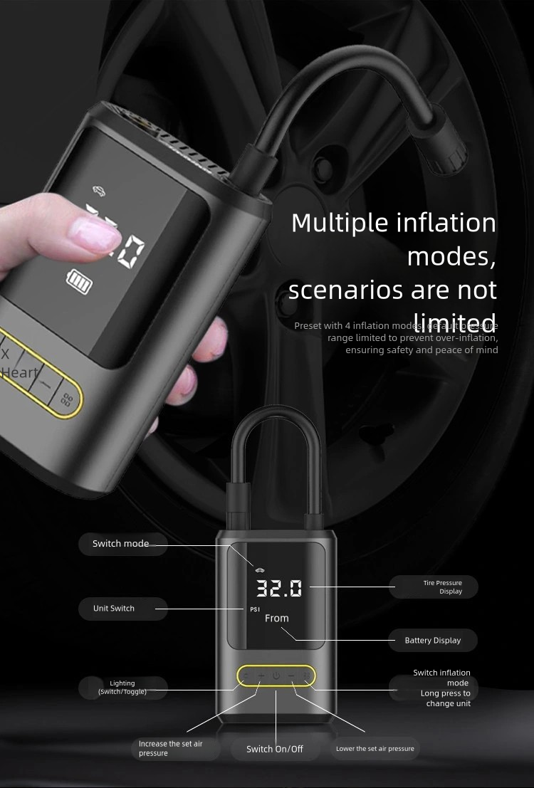 Portable Mini Car Tire Inflator, Electric Air Pump for Bicycles, Handheld Wireless Charging Digital Display Air Compressor