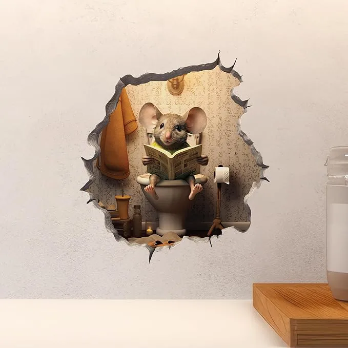 2pcs Waterproof Mouse Decal 3D Wall Sticker- Sitting on Toilet and Toothbrush Mouse - 1pc 3D Mouse Hole Wall Decal, Cute Animal Print, Waterproof Self-Adhesive Sticker, Easy Peel & Stick for Living Ro