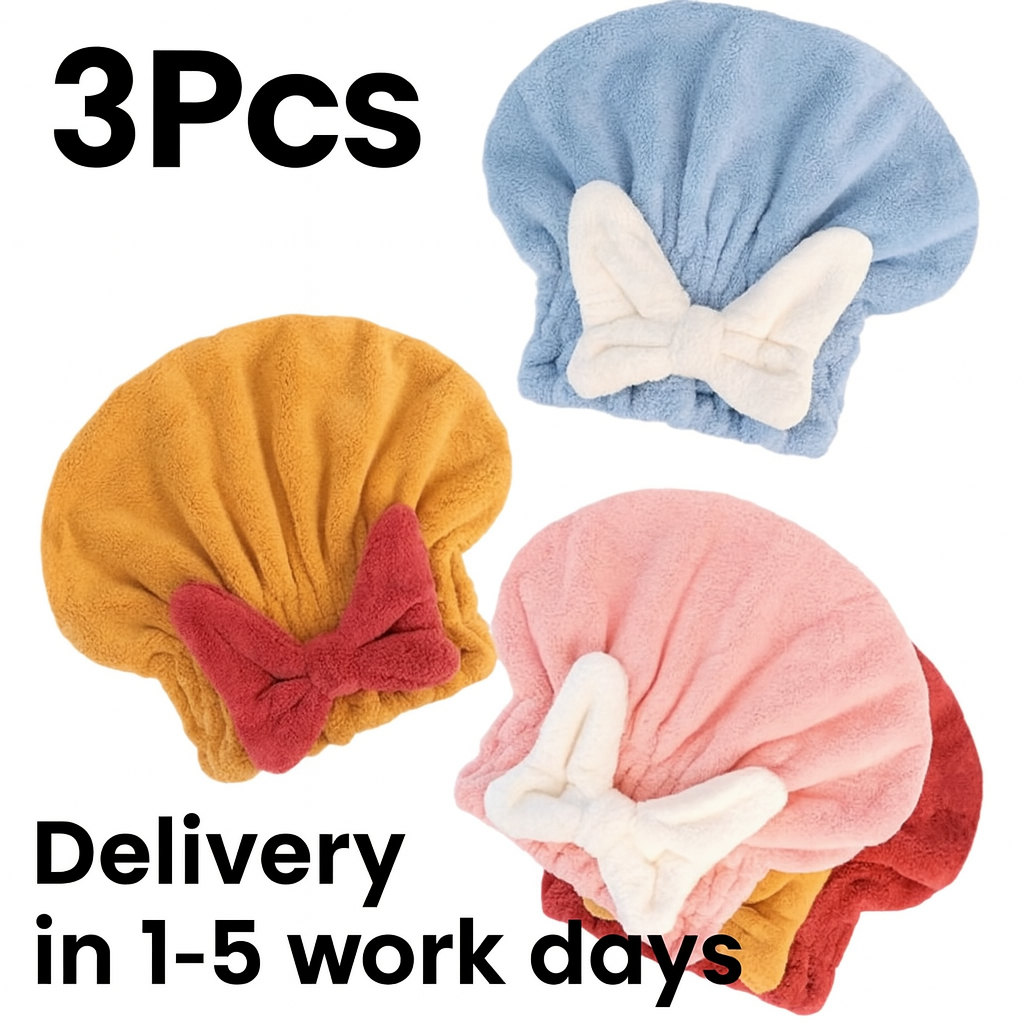 3 Pcs High density coral fleece dry hair cap, large bow princess hat, thickened absorbent dry hair towel wrapped in headscarf, quick drying shower cap