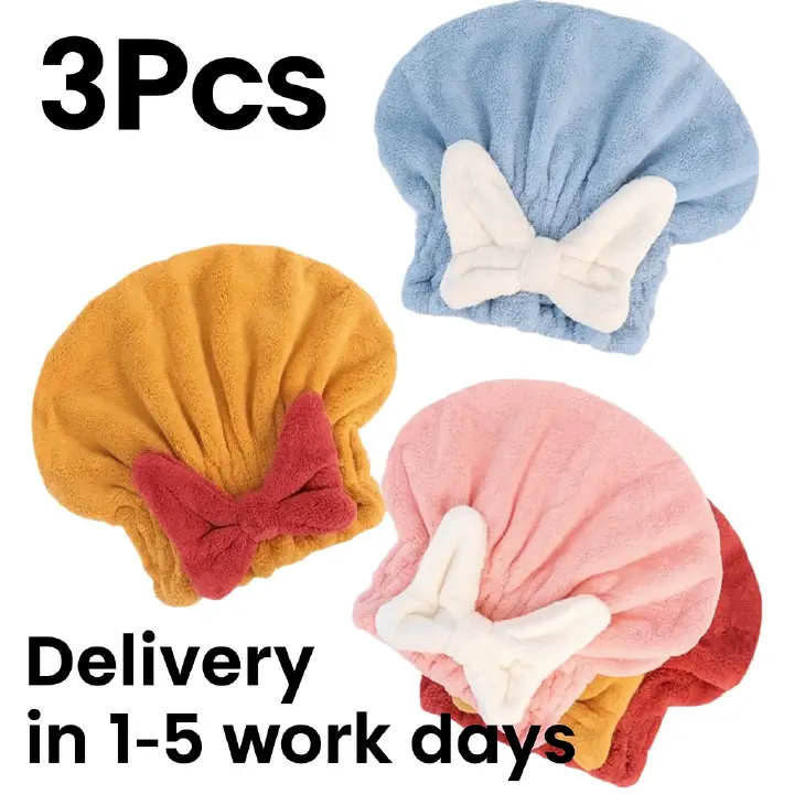 3 Pcs High density coral fleece dry hair cap, large bow princess hat, thickened absorbent dry hair towel wrapped in headscarf, quick drying shower cap