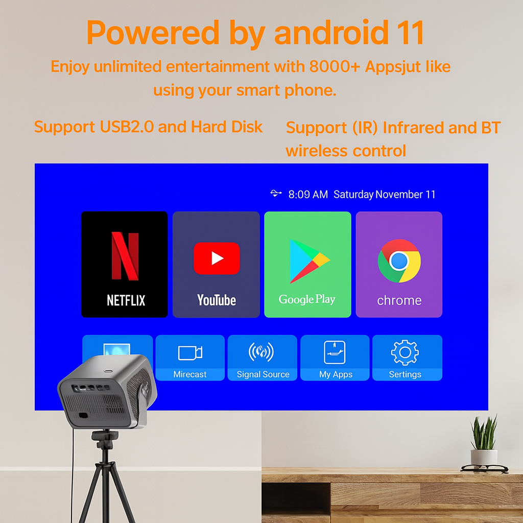 V100 Brand Projector, 4K Home ultra clear 3D projector With Android Built-in Software FHD 360° Projector Support Electronic Focus Automatic Keystone Correction Video Multi-Port For IOS HDTV