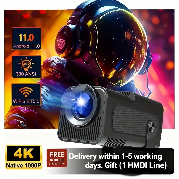 HY320 Model(not HY320 Mini), JEERO 4K Android Projector, Dual Wifi 6, Wireless 5.0, Portable Cinema Projector with Upgraded Features, 16g usb flash driver and Hmdi line as gift