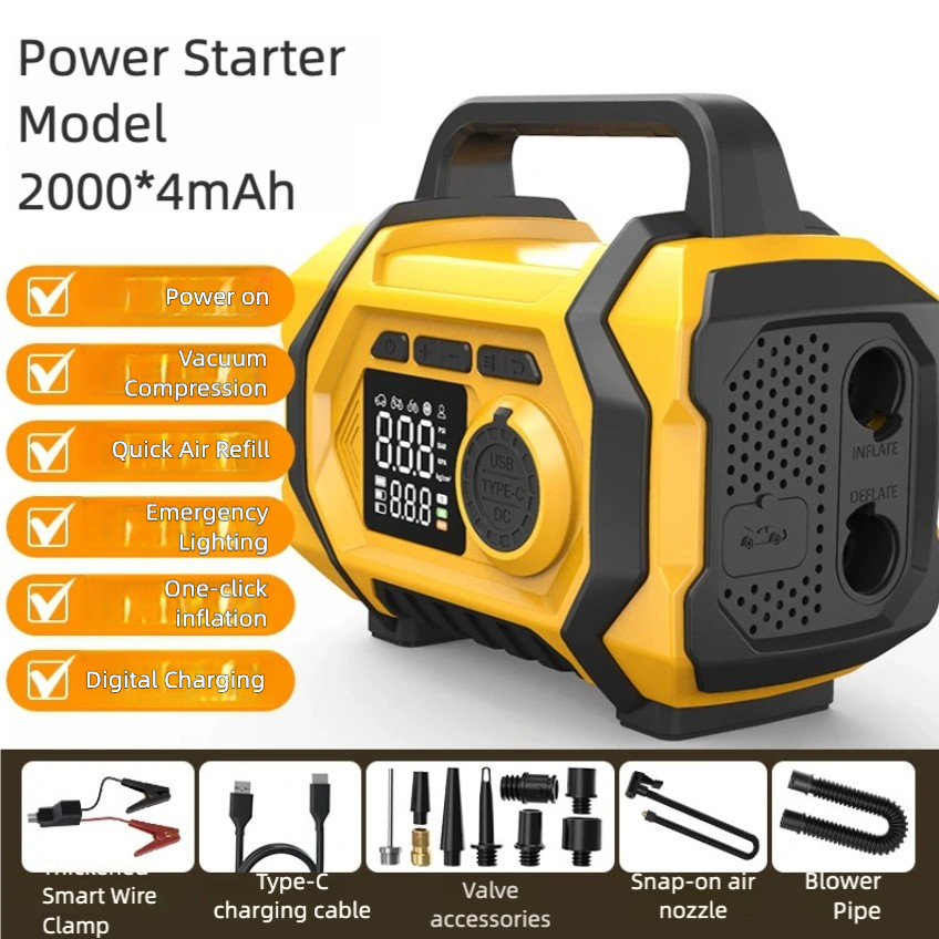 8000mAh Smart Car Jump Starter & High-Pressure Tire Inflator, 3-in-1 Jump Start + Inflation + Power Bank, Wireless Inflation Supported