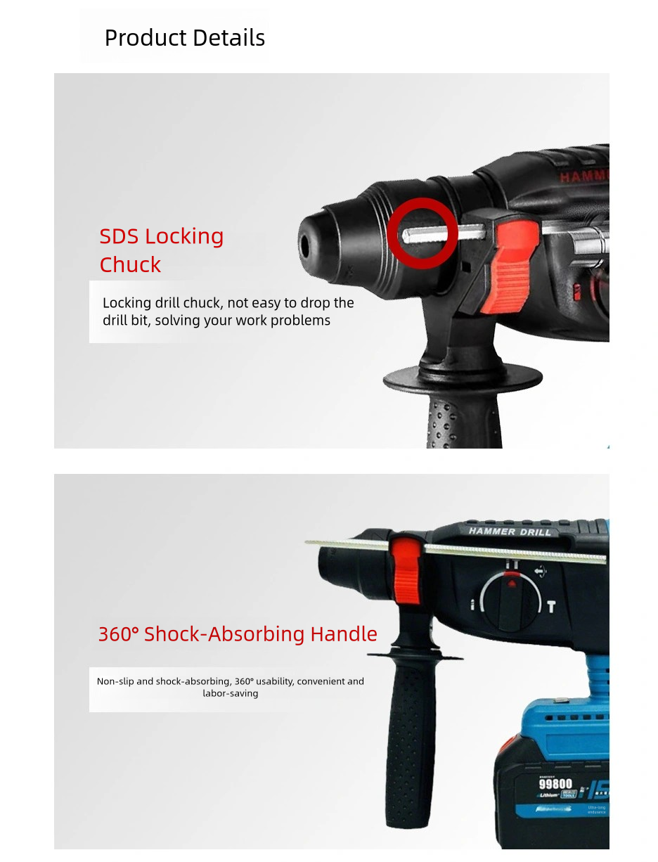 1" SDS-Plus Lightweight Rotary Hammer Drill with 2 batteris, 1680W 4 Functions Corded Variable Speed Rotomartillo with Safety Clutch for Concrete, Includes 3 Drill Bits,2 Chisels,Heavy Duty