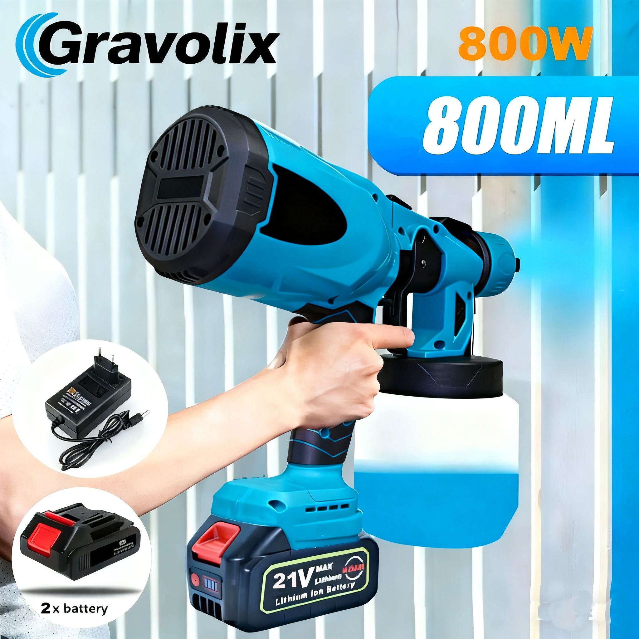 Cordless Electric Paint Sprayer 800W,Rechargeable Lithium Spray Gun, High Atomization Power Tool for Paint and Latex, Two 21v Lithium Battery