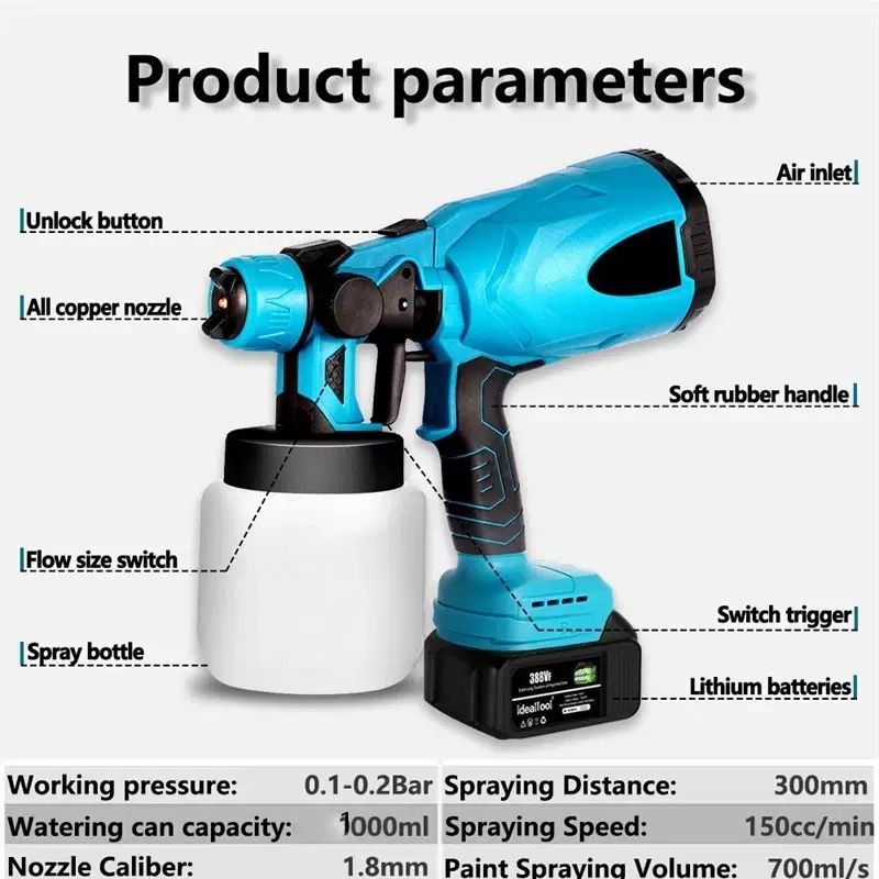 Cordless Electric Paint Sprayer 800W,Rechargeable Lithium Spray Gun, High Atomization Power Tool for Paint and Latex, Two 21v Lithium Battery