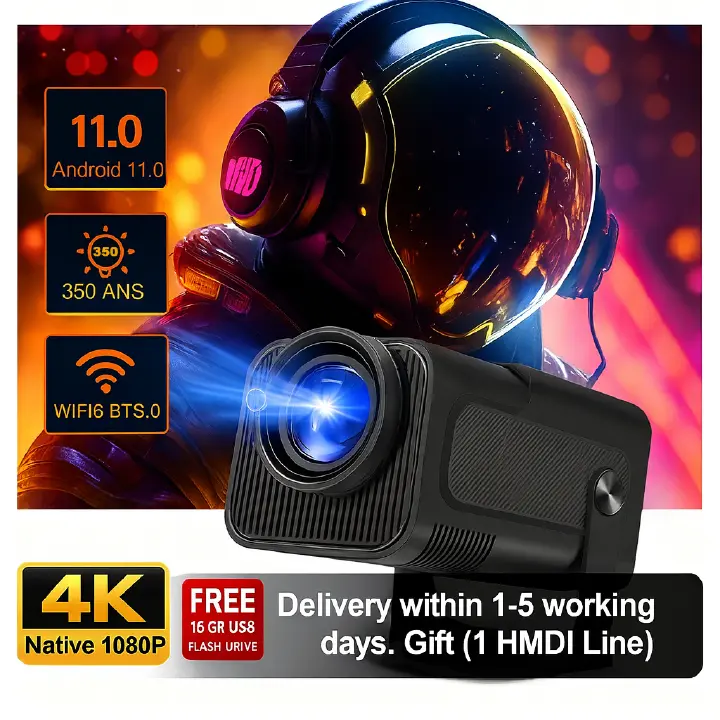 Upgrade 350 ANSI HY320 Model(not HY320 Mini), 4K Android Projector, Dual Wifi 6, Wireless 5.0, Portable Cinema Projector with Upgraded Features, 16g usb flash driver and Hmdi line as gift