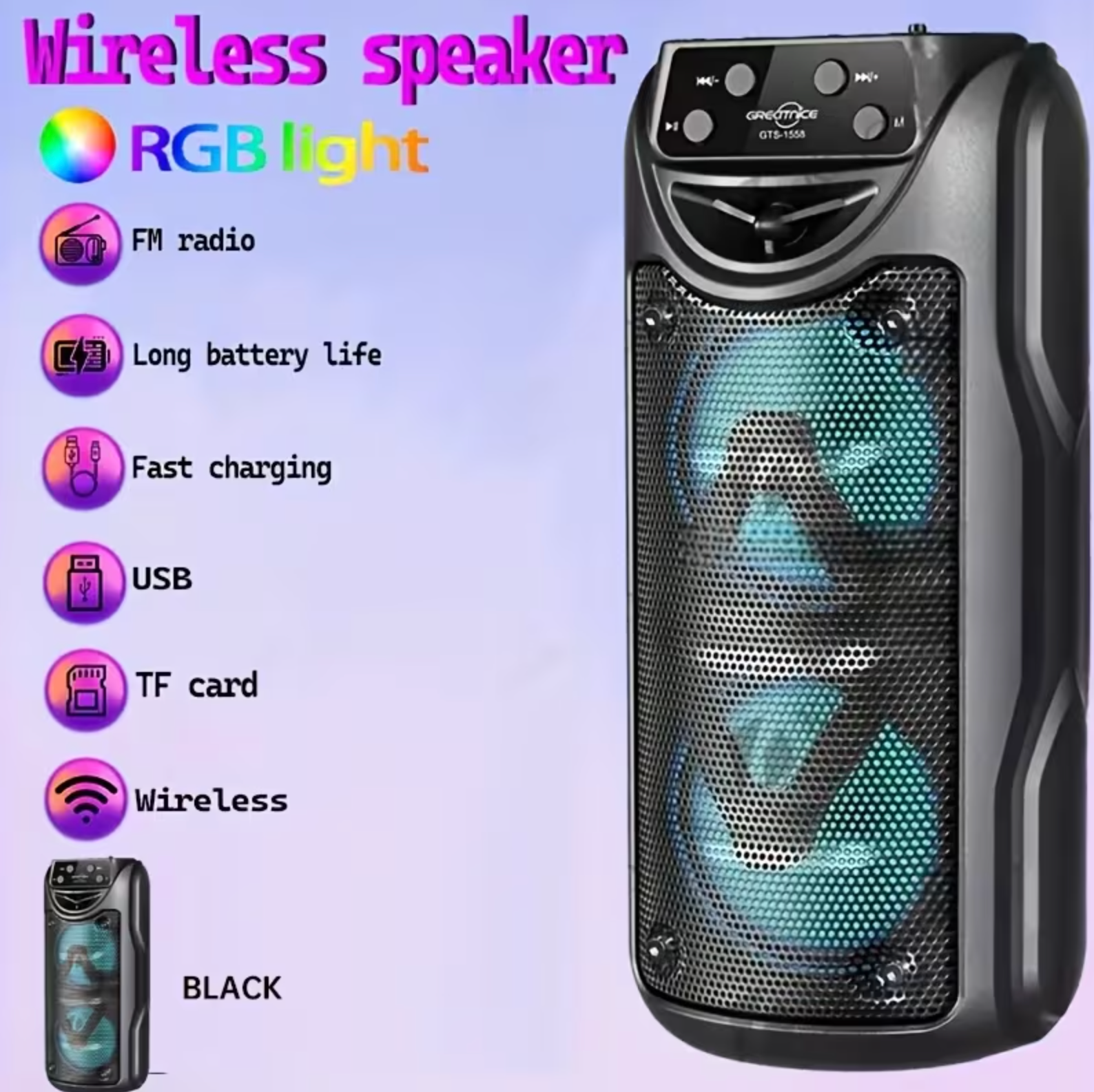 PortableColorful lights, Bluetooth speakers, plug-in music player, wireless speaker, Fast delivery within 1-5 days, Outdoor portable dual 3-inch Audio Video plug-in music player For Dancing Party