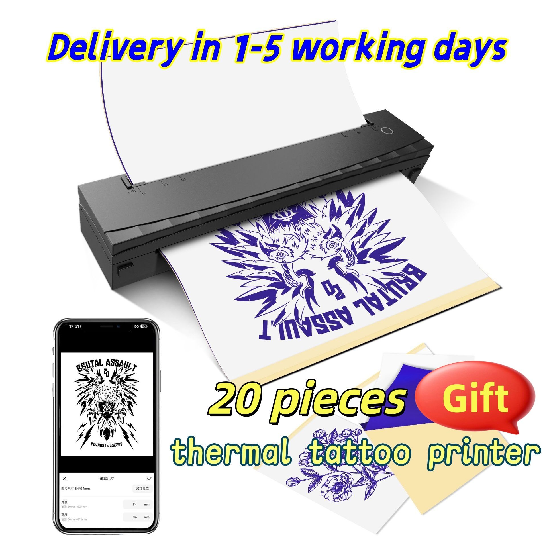 Portable thermal tattoo printer A4-sized Bluetooth-enabled, mobile phone-compatible mini tattoo transfer machine