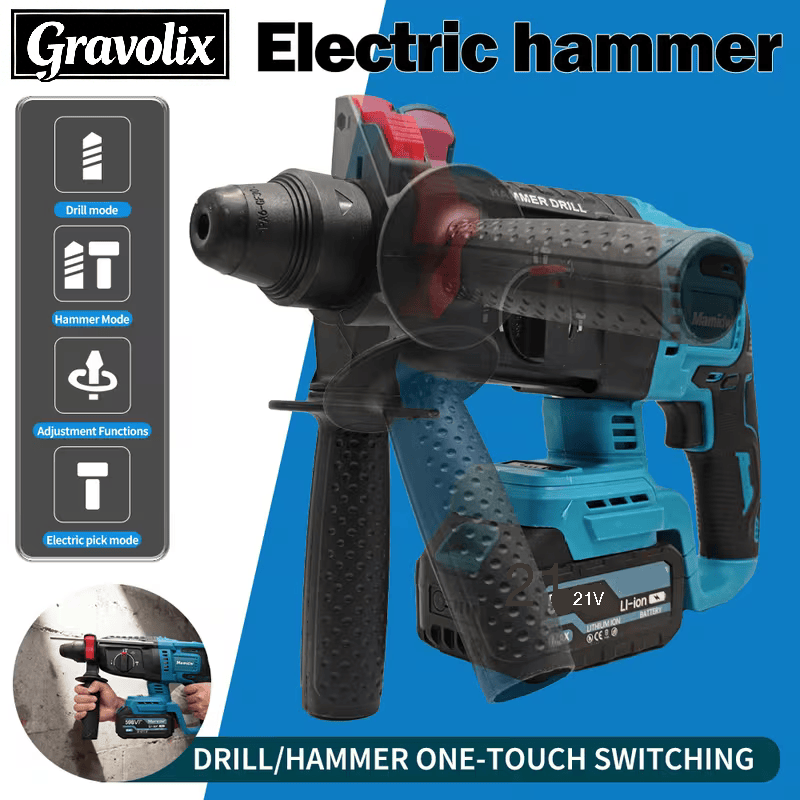 1" SDS-Plus Lightweight Rotary Hammer Drill with 2 batteris, 1680W 4 Functions Corded Variable Speed Rotomartillo with Safety Clutch for Concrete, Includes 3 Drill Bits,2 Chisels,Heavy Duty