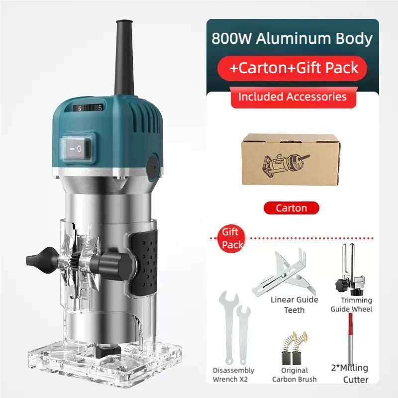 800W Electric Wood Trimmer,  6.35mm, 6-speed and non-speed model, compact woodworking planer tools, Handheld Wood Router, Electric router, manual wood trimmer with 2 bit Milling cutter