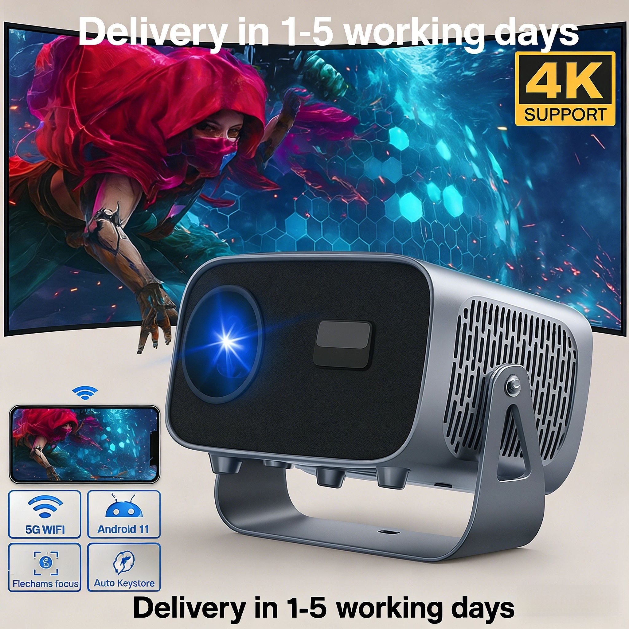 A10 Brand Projector, 4K Home ultra clear 3D projector With Android Built-in Software FHD 360° Projector Support Electronic Focus Automatic Keystone Correction Video Multi-Port For IOS HDTV