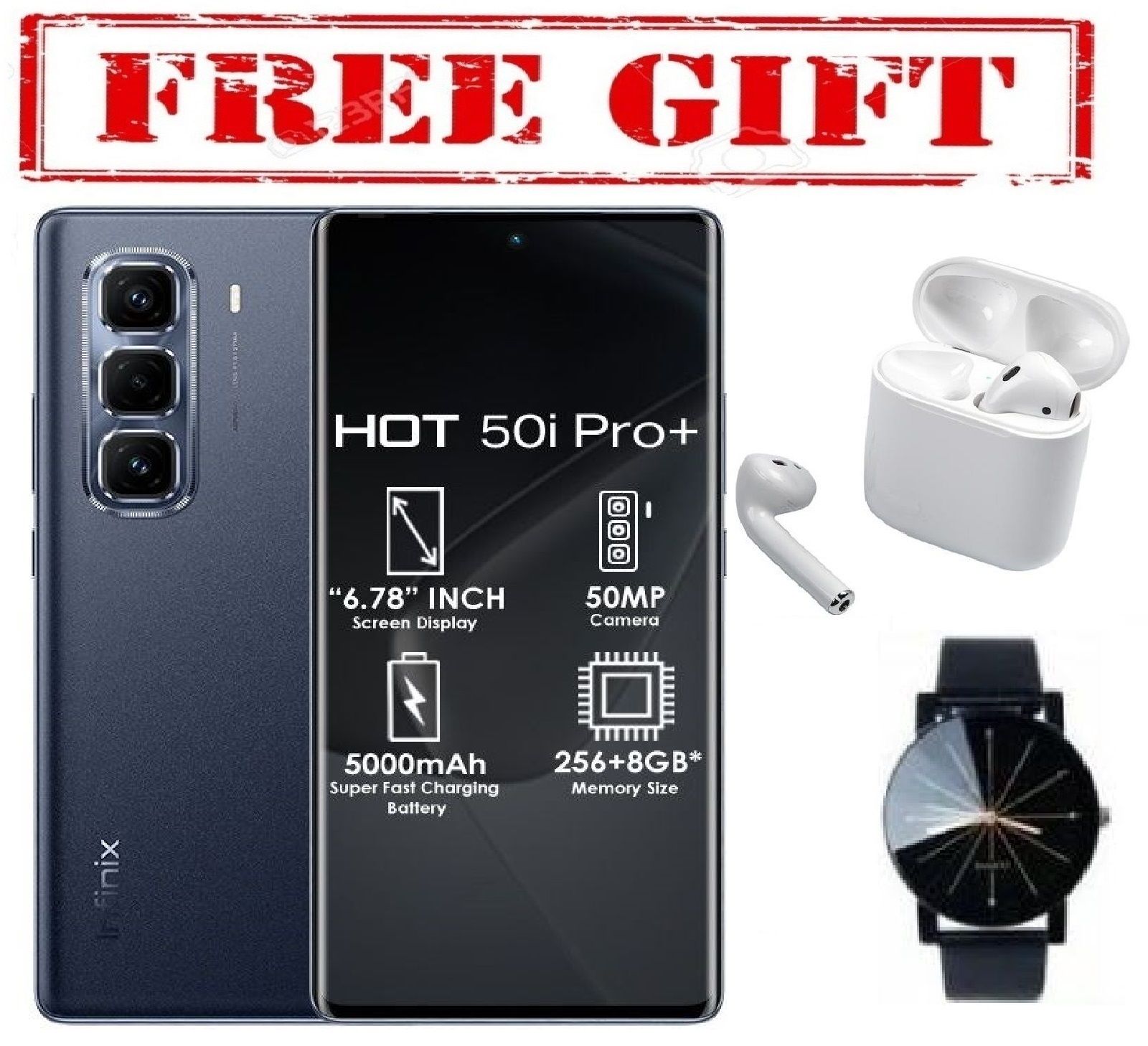 HOLIDAY OFFER BRAND NEW Infinix Hot 50 Pro Plus' 6.78 CURVED SCREEN  inches"(8+8)16GB RAM+ 128 GB ROM' 5,000 mAh" Dual SIM  COMES WITH FREE GIFTS ( AIRPODS + WATCH)  FOR YOU Black,128GB