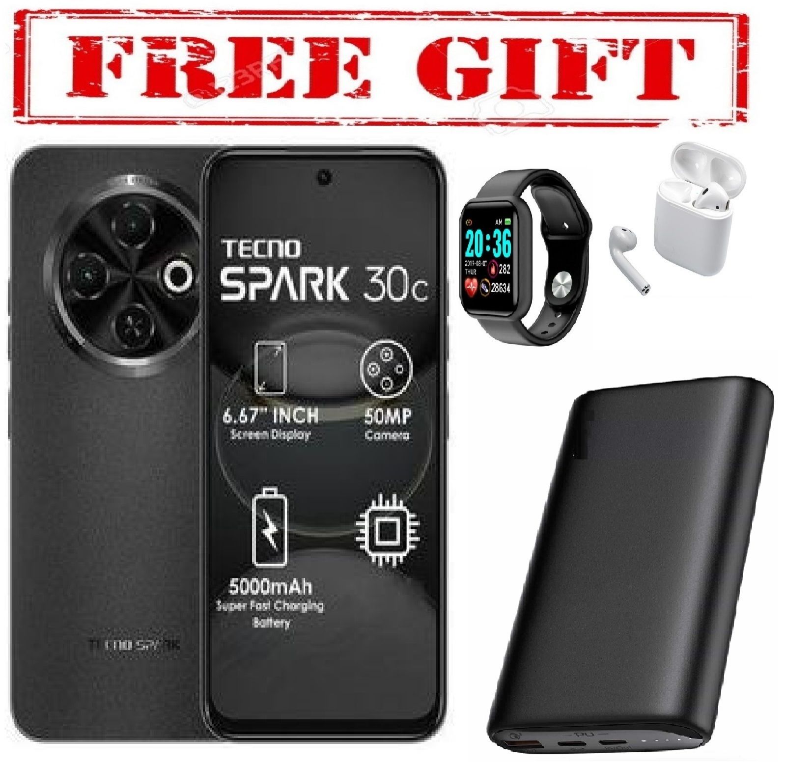 ON OFFER Tecno Spark 30c, 6.67'' HD+, UP to 8GB RAM + 128GB ROM (Dual Sim) 50MP, 5000 mAh COMES WITH FREE GIFTS ( AIRPODS + SMART WATCH +POWERBANK ) FOR YOU Black,128GB