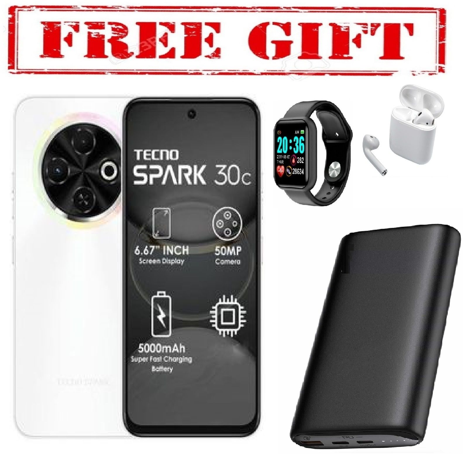 LIMITED DICOUNT !!!! Tecno Spark 30c, 6.67'' HD+, UP to 8GB RAM + 128GB ROM (Dual Sim) 50MP, 5000 mAh COMES WITH FREE GIFTS ( AIRPODS + SMART WATCH +POWERBANK ) FOR YOU