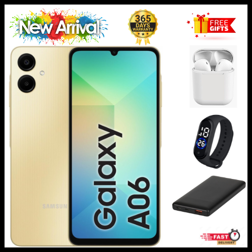 MEGA DEALS🔥🔥🔥  BRAND NEW  SAMSUNG A06 6.7 DISPLAY 4GB RAM + 64GB/128GB ROM 5000MAH SMARTPHONE DUAL SIM COMES WITH FREE GIFTS ( AIRPODS + SMART WATCH+ POWER BANK)